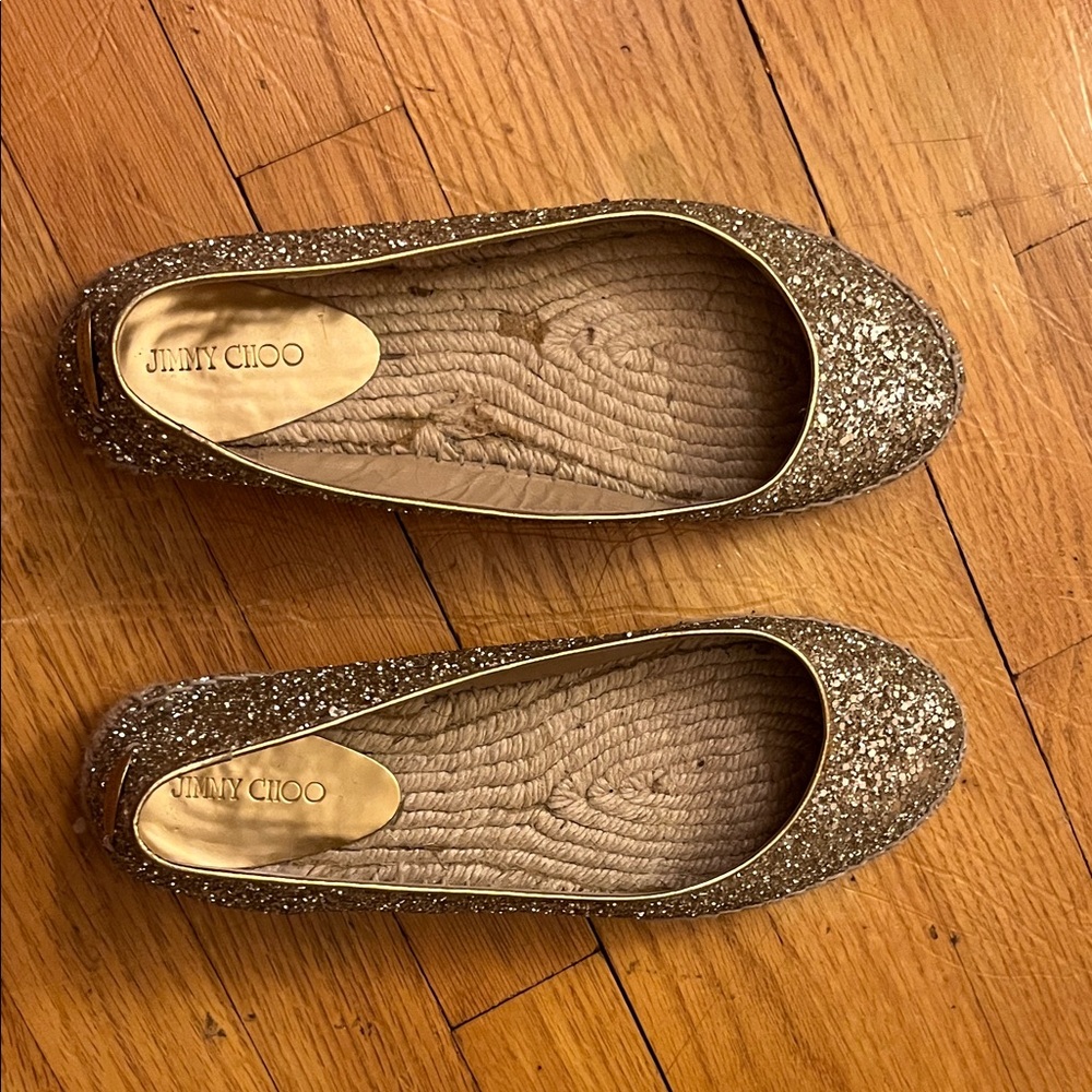 Jimmy Choo Gold Glitter Espadrille Ballet Flats